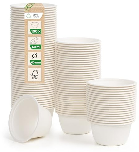 Love Nature Dipschalen Set 60 ml - Dip Schälchen Einweg 100 Stück - Dip Schalen aus Zuckerrohr für Saucen - Saucenschälchen Biologisch Abbaubar