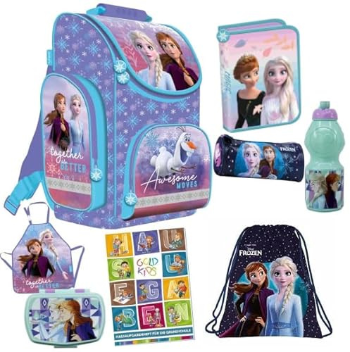 Goldkids 8-teilig Schulranzen Mädchen Ranzen Federmappe Turnbeutel Brotdose Trinkflasche Schürze Stiftetasche Aufgabenheft für die Grundschule Frozen Eiskönigin Motiv 1 klasse hausaufgabenheft 2025