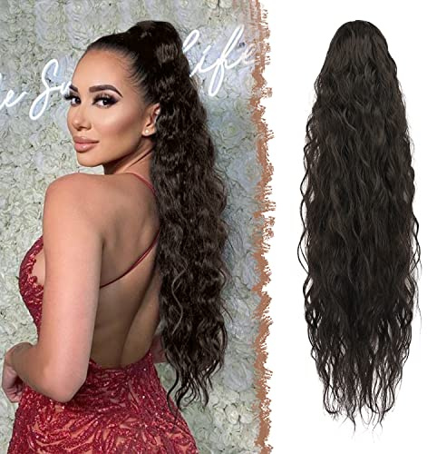 FESHFEN Lange Zopf Pferdeschwanz Haarextension mit kordelzug Lang Wellig Lockig Natürliches Schwarz Synthetik Haarverlängerung Natürliches Clip in Haarteil Ponytail Kunsthaar Haarzopf für Damen 65cm