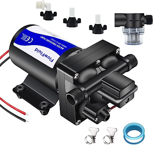 FlowFluid 12V DC Water Pressure Booster Pump for RV,70PSI 5GPM Washdown Fresh Self Priming Diaphragm Pump for Boats with Filter,4-Chamner Transfer On Demand Pump for Marine Yacht Caravan Garden Hose