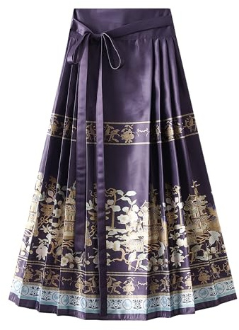 Acrawnni Chinese Horse Face Skirt Ming Dynasty Horse Face Skirt Hanfu Flower Print Tie Up Long Swing Pleated Horse Face Skirt (A-Dark Purple, One Size)