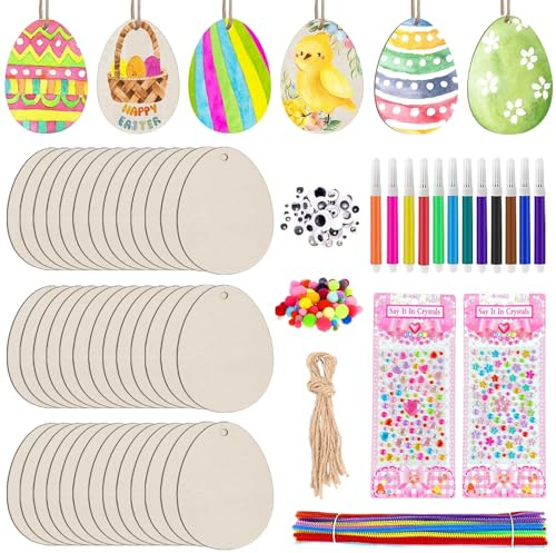 IWTBNOA Ostern Basteln Holz, 245 Stück Anhänger Mit Loch, Ostereier Zum Bemalen, Eier Holzscheiben, Unvollendetes Bastelset für Kinder Party Dekoration