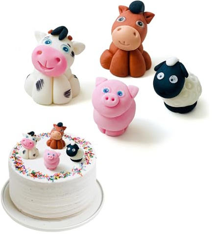 SugArt Edible Animal Cake Toppers - (Set of 4) - Icing Fondant Handmade Animal Cake Decorations - Perfect for Kid's Birthdays - Made of Sugar (4 Pc) (Farm animals)