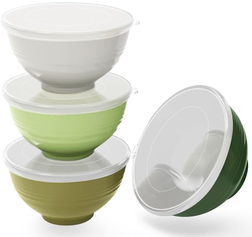 Greentainer Lot de 4 grands bols à céréales incassables avec couvercles - En plastique léger - Passe au lave-vaisselle et au micro-ondes - Pour céréales, salade, soupe, nouilles