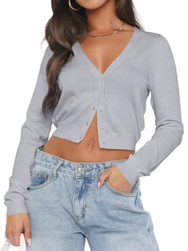 LACOZY Cardigan da donna a maniche lunghe aperto sul davanti in maglia maglioni corti leggeri con scollo a V button down top, Grigio chiaro, S
