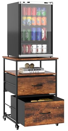 Qriocioa Mini Fridge Stand with Storage Small Beverage Refrigerator Stand with 2 Fabric Drawers Mobile Mini Fridge Cabinet Rack Compact Fridge Cart with Wheels for Kitchen Bedroom Office,Vintage Brown