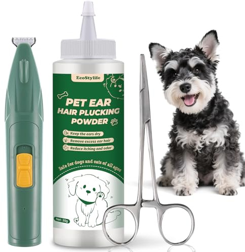 EcoStylife Dog Ear Hair Removal Tool with Ear Powder for Dogs Plucking | 30g Ear Powder | 5.5 Hemostat & Electric Ear Trimmer | Removes Ear Hair | Reduces Wax & Odor for Poodles | Schnauzers & More