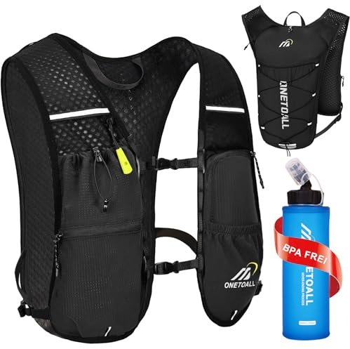 ONETOALL Laufweste Damen mit Trinkflasche 500ml, Leichter Trinkrucksack Laufen Herren 6L, Running Vest Laufrucksack Reflektierend für Jogging, Trailrunning, Fahrrad, Marathon, Motorrad, nur 150g