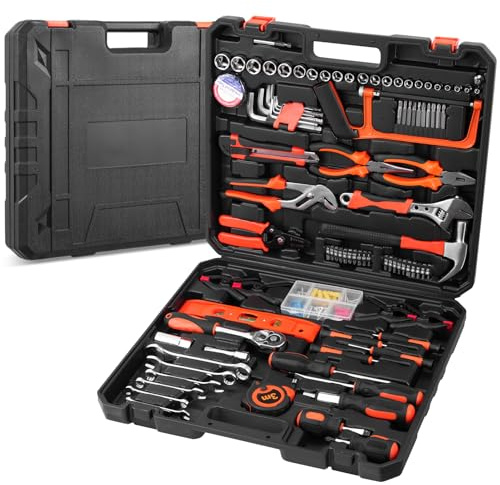 198tlg Werkzeugkoffer Gefüllt Werkzeugkasten Haushalts Werkzeug Set mit Ratsche Steckschlüsselsatz Schraubenzieher Universal Werkzeug-Sets orange Farbe