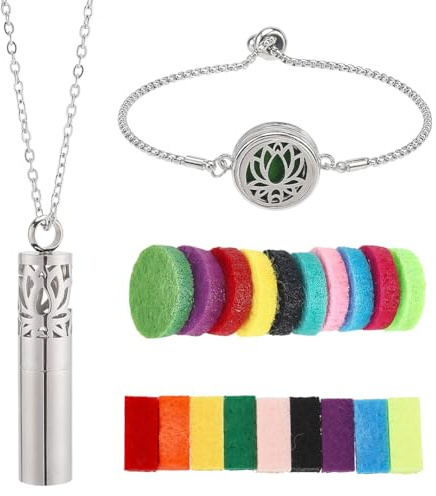 SUNNYCLUE 1 st oljediffusor armband 1 st eterisk olja halsband set totalt 20 st påfyllningsdynor rostfritt stål blomma aromaterapi medaljong justerbar manschett armring smycken för kvinnor gåvor vuxna
