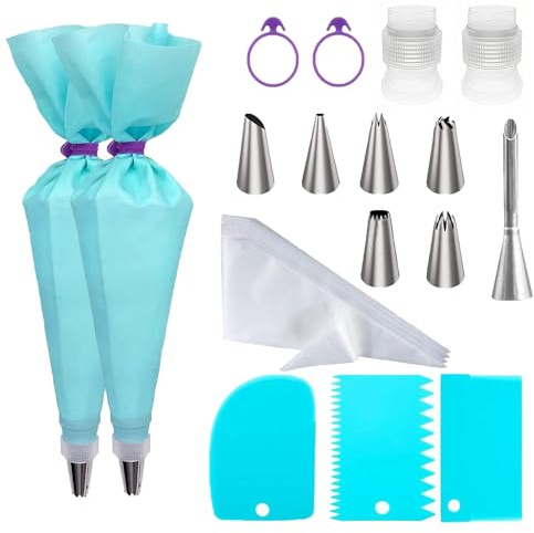 Spritztüte Set Mit Tüllen 50 Stück, mit Spritztüllen Edelstahl, Wiederverwendbar Silikon Spritzbeutel für Cupcakes, Torten