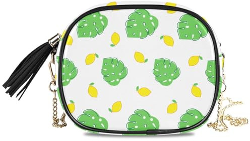 LI ZHI XIN Womens Crossbody Bag Ladies Girls PU Chain Shoulder Small Bag With Tassel Monstera Deliciosa Pattern