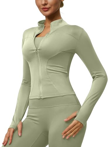 Heersan Chaqueta Deportiva para Mujer Sudadera Mujer con Cremallera y Agujeros para Los Pulgares de Manga Larga Camiseta Transpirable para Correr, Yoga, Gimnasio
