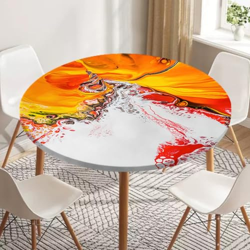 Odot Tischdecke Abwaschbar Rund mit Gummizug, Tischdecke Rund 60-180cm Abwischbar Wasserdicht Gartentischdecke für Draußen Spanntischdecke für Garten Versammlung, 3D Graffiti Kunst (Orange,180cm)