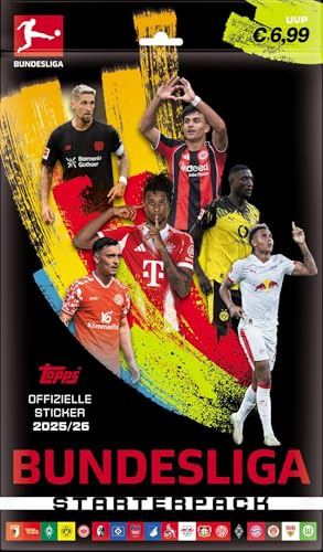 Topps Bundesliga 2025/26 - Adesivi Starter Pack Album (56 pagine) + Quadrotte con 6 adesivi + 3 confezioni di adesivi (21 adesivi) Ufficiale Bundesliga