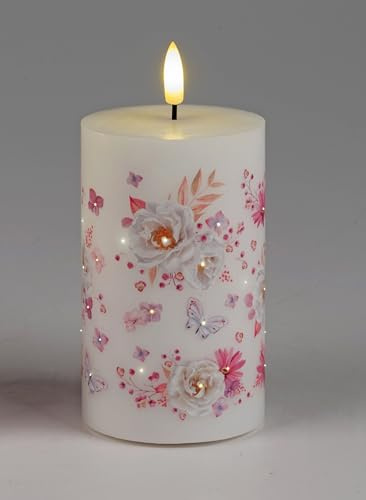 LED Kerze mit Rosen-Design, Weiß, 7x10 cm, Fiberglas, Frühlingsdekoration Dekoration, Stumpenkerze, Batteriebetrieben