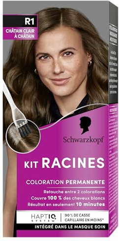 Schwarzkopf - Kit radici, colorazione permanente, arricchito con olio nutriente, copertura per capelli bianchi, ritocco tra 2 colorazioni, castano chiaro a castano R1