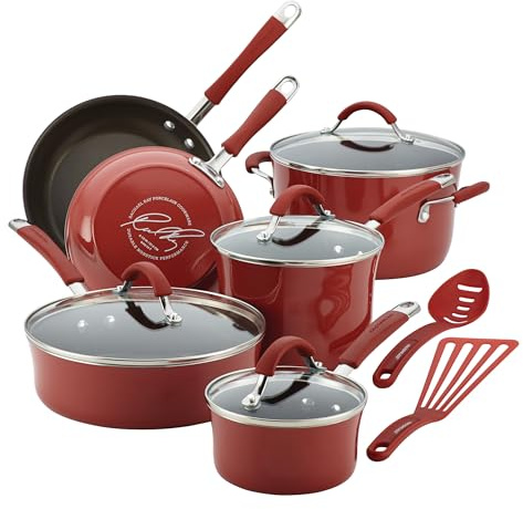 Rachael Ray Cucina Nonstick Cookware Pots and Pans Set, 12 Piece, Cranberry Red