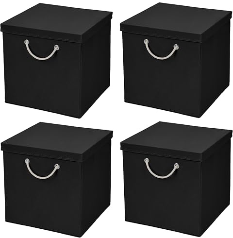 Stick&Shine 4x Aufbewahrungs Korb Schwarz Faltbox 30 x 30 x 30 cm Regalkorb faltbar mit Kordel und mit Deckel
