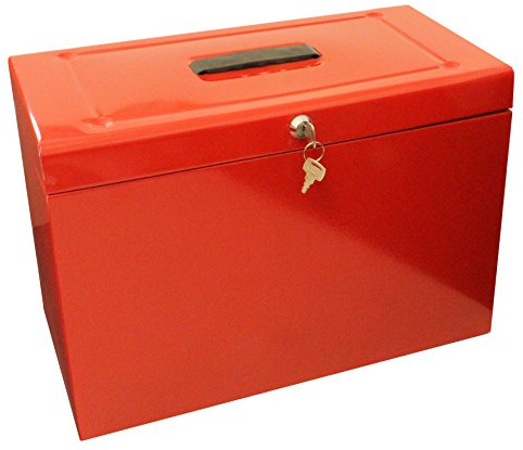 Foolscap Metal File Storage Box - Includes 5 Suspension Files, Plastic Tabs & Inserts GDPR Compliant (Red)
