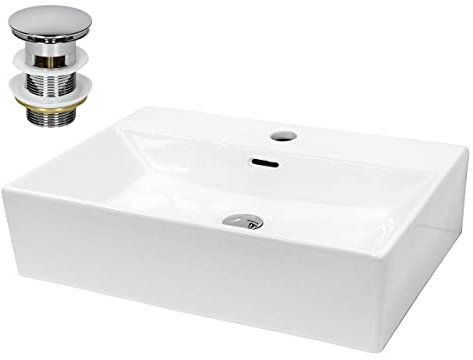 ECD Germany Lavabo da Appoggio in Ceramica Bianco Rettangolare 605x365x130 mm Design Moderno Lavabo Moderno da Appoggio Ceramica Lavandino Lavamano con Set di Scarico Lavabile 1 1/4 in Ottone Cromato