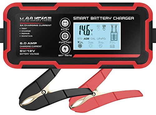 Manusage Vollautomatisches Smart-Ladegerät, 6 V und 12 V, tragbares Autobatterie-Ladegerät, Batterie-Wartungsgerät, Erhaltungsladegerät, Batterie-Desulfator mit Temperaturkompensation, AGM, Deep Cycle
