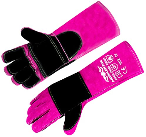 AMERICAN FUR Welding/BBQ Leather Gloves 16 Inches,932℉, Stick Welding Gloves Heat/Fire Resistant, Mitts for Oven/Grill/Fireplace/Furnace/Stove/BBQ/16 inches Extra Long Sleeve (16 Inches, Pink-Black)
