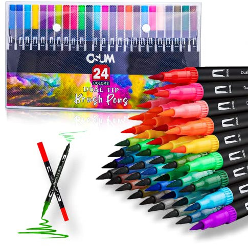 OSUM Colouring Pens wallet of 24 | Felt Fine Tip Pens - Coloured Dual Tip Brush Markers and Fineliners Art Supplies for Adult Colouring Books Painting Sketching Highlighting (Modern)