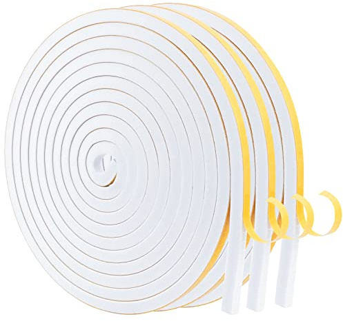 WochiTV Foam Tape Weather Stripping 6mm(W) x 6mm(T) White, Insulation Soundproofing Strips Tape Gasket Seal for Doors and Window Jamb, Sliding Door Frame, Total 9m (3 Strips, 3M Long Each)