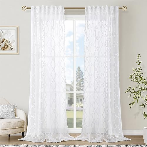 White Sheer Curtains 96 Inches Long for Bedroom Fluffy Tufted Textured Embroidered Geometric Patterned Curtains Back Tab Modern Elegant Farmhouse White 96 inch Curtain 2 Panel Set for Living Room