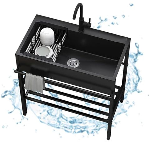 Edelstahl Waschbecken Schwarz, Freistehende Einzelschüssel Spültisch Mit Heißem Und Kaltem Wasserhahn, Küche Ausgussbecken Mit Unterschrank, Für Garage, Werkstatt, Waschküche, Camping (Size : 100x45x