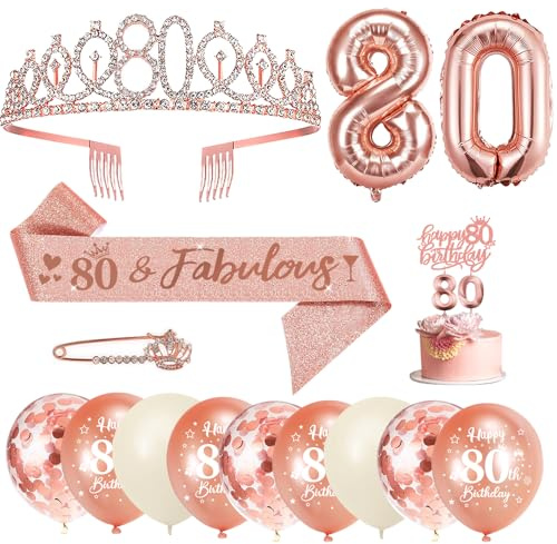 80. Geburtstag Frau Deko Set Roségold, Krone Schärpe Ballons Set | Geburtstagsdeko zum 80. Geburtstag mit Krone, Schärpe, Ballons, Zahlenkerze 80 und Tortendeko für Frauen Party