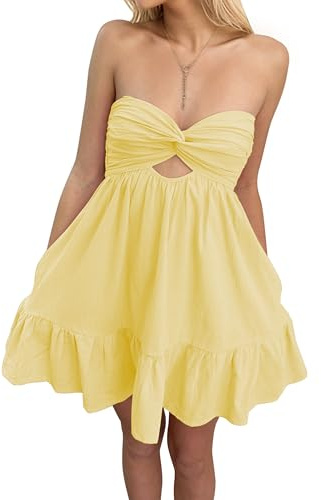 Meladyan Women’s Twist Knot Bandeau Tube Dress Solid Strapless Backless Mini Dresses Summer Hollow Ruffle Beach Dress Yellow