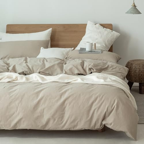 Michorinee Housse de Couette 200x200 Coton Taupe 100% Coton Lavé Texture Lin Parure de Lit avec Fermeture Éclair - Linge de Lit 2 Personnes Adulte avec 2 Taies d'oreiller 65x65 cm