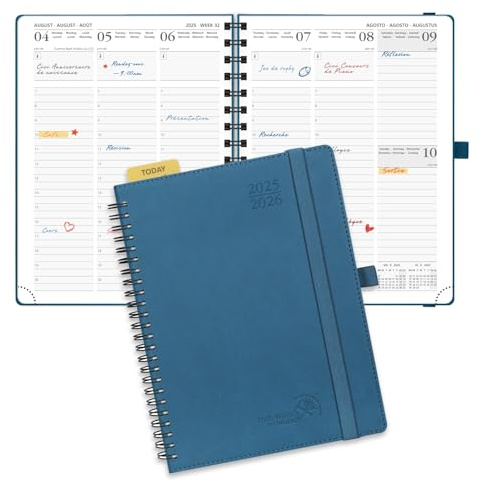 POPRUN Kalender 2025 2026 Wochenplaner (Aug.2025-Dez.2026) Ringbuch mit Softcover, ca. A5 (22 x 16,5 cm), 17-Monate-Terminplaner 1 Woche 2 Seite mit FSC®-Zertifiziertem Papier - Marineblau
