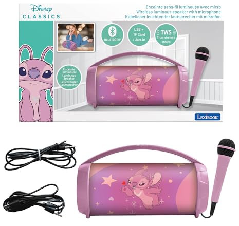 Lexibook, Disney Stitch, Enceinte Haut-Parleur sans Fil Lumineuse Angel avec Micro, Son stéréo, Fonction karaoké, Ports USB et Carte SD, Batterie Rechargeable, Poignée de Transport, Rose, BTP585D1Z