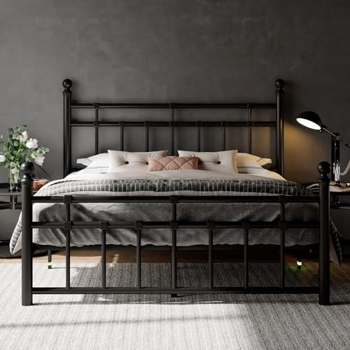 Feonase Full Size Metal Platform Bed Frame with Victorian Classic Iron-Art Headboard & Footboard, Heavy Duty Slats, 12 Under Bed Storage, No Box Spring Needed, Easy Assembly, Noise-Free, Black