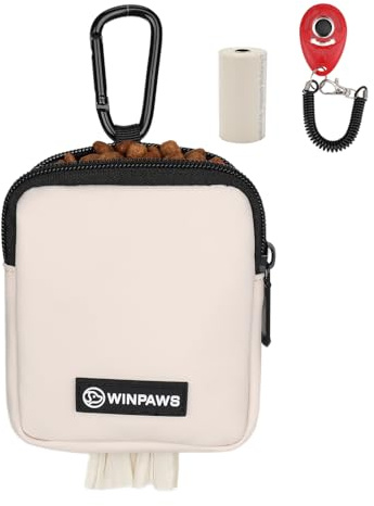 WINPAWS Dog Treat Pouch with Training Clicker,Waterproof Nylon Fabric Poop Bag Holders for Leashes,Hands Free Small Dog Walking Bag with Carabiner, Pet Puppy Training Walking Essentials (Beige)