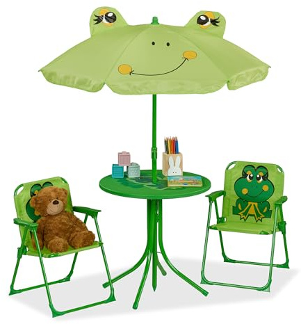 Relaxdays, Salon de Jardin, Enfant, Table, chaises, Parasol, pour Petit Fan de Grenouilles, pour Plage ou Camping, Vert