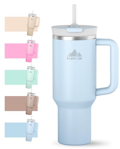 Mont-Clair Tumbler 40oz - Taza Termica Cafe para llevar con Pajita y Tapa - Vaso Termico Acero Inoxidable con Asa - Hermético - Fría durante 10 horas - Helada durante 48 horas - 1200ml - Azul Glaciar