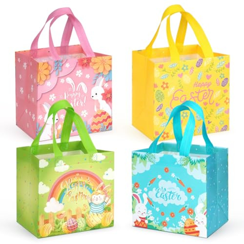 4PCS Happy Easter Egg Hunt Bags Small Size Bunny Carrot Chick Egg Metallic Printing Gift Bags with Handles, Treat Bags, Non-Woven Bags for Gifts Wrapping, Party Supplies