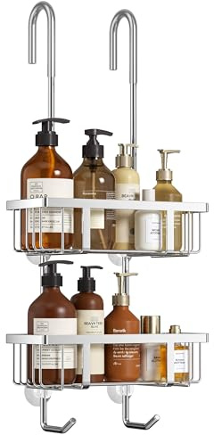 Josmimic Shower Caddy Hanging 2 Tier Over Door Drill Free Bathroom Shelf Shower Organiser, Silver Rustproof