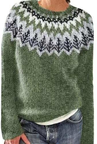 Generisch Jersey de punto para mujer, estilo noruego, manga larga, cuello redondo, elegante, cálido, invierno, otoño, invierno, jersey de invierno, jersey de invierno para mujer, otoño, A002 Ag, M