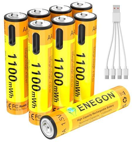 ENEGON Set da 8 Batterie Ricaricabili AAA, 1100mWh, Tensione Costante 1,5V (con Cavo USB-C 1-a-4), Ricarica 5V/2A, Oltre 500 Cicli, per Telecomandi, Termometri a Infrarossi e Rasoi Elettrici