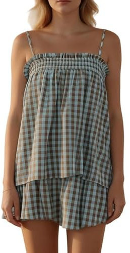 Women Gingham 2 Piece Pajama Flowy Peplum Babydoll Top Shorts Sets | Summer 2 Piece Lounge Outfits, Sleeveless Plaid Cami Tank Tops Wide Leg Shorts Sets