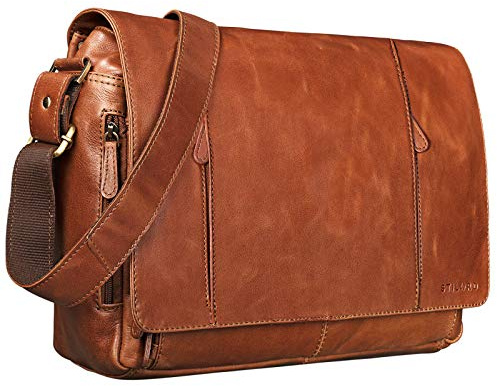 STILORD Erik Vintage Schultertasche Leder 15,6 Zoll Notebooktasche Umhängetasche Herren und Damen Unitasche Arbeit Büro Echtleder Farbe:Cognac - glänzend