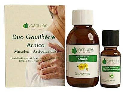 VOSHUILES - Duo Huile Essentielle de Gaulthérie Couchée 10ml et Huile Végétale Neutre de Fleurs d'Arnica 100ml - 100% Pure et Naturelle - Parfum Stimulant - HEBBD