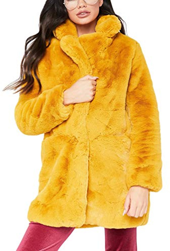 YuanDian Donna Cappotto in Pelliccia Sintetica Midi Lungo Sciolto Morbidi Manica Lunga Caldo Risvolto Pelliccia Ecologica Giacca Signora Finta Pelo Pellicciotto Giubbotto Giallo 4XL
