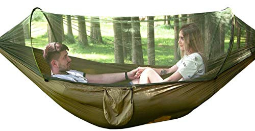 Hamac de Camping avec moustiquaire - 1 à 2 Personnes - Portable et léger - Idéal pour extérieur, Camping, Voyages et Plage - 250 x 120 cm - Vert armée