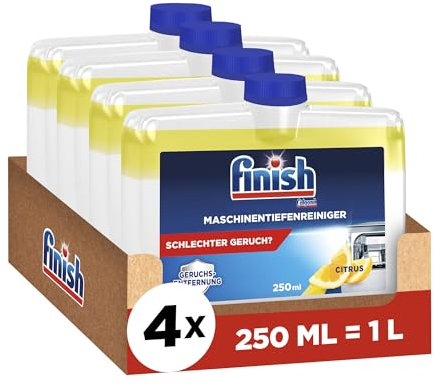 Finish Maschinentiefenreiniger Citrus – Flüssiger Maschinenreiniger gegen Kalk und Fett für eine saubere Spülmaschine – Sparpack mit 4 x 250 ml Maschinenpfleger mit Zitronenduft